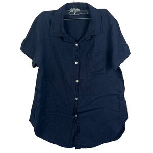 Elena Baldini Blouse Women's Size M Dark Blue Button Up Collared Linen